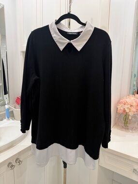 Claire's Black Knit Sweater with White Collar and Hem Accent